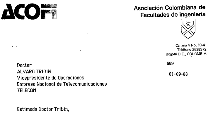 Imagen para Carta de Álvaro Tribín a Ernesto Guhl sobre las tarifas especiales para la prestación del servicio de la Red Nacional de Datos a las universidades